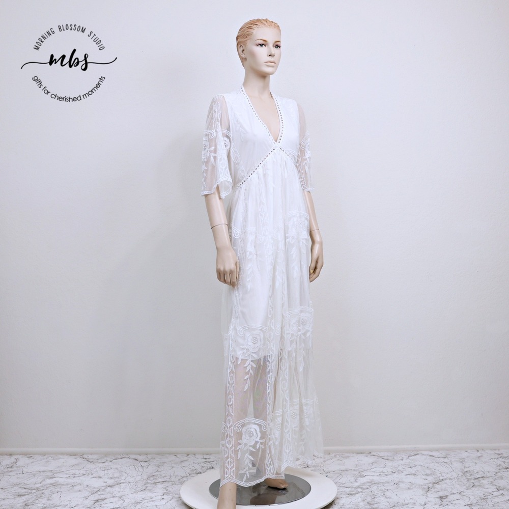White Floral Lace Mesh‎ V Neck Boho Romantic Maxi Dress White Women M
